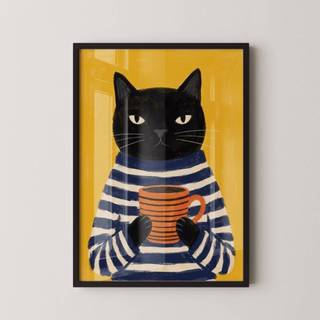 Quadro Decorativo Arte Minimalista Gato Tomando Café Com Moldura