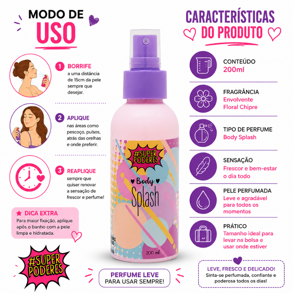 Body Splash Super Poderes 200ml Fragrância Envolvente Floral Chipre