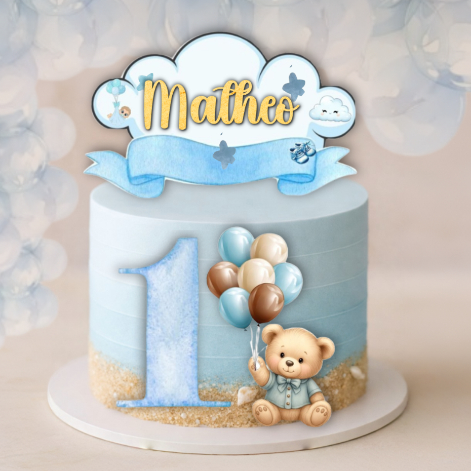 Topo de Bolo Ursinho Príncipe - Topper Decoração Urso Príncipe Personalizado Nome e Idade Menino Mesversário Aniversário