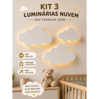 Kit Luminária Nuvem Em MDF 15mm Led Branca Quente ou Fria 3 Peças Envio Imediato