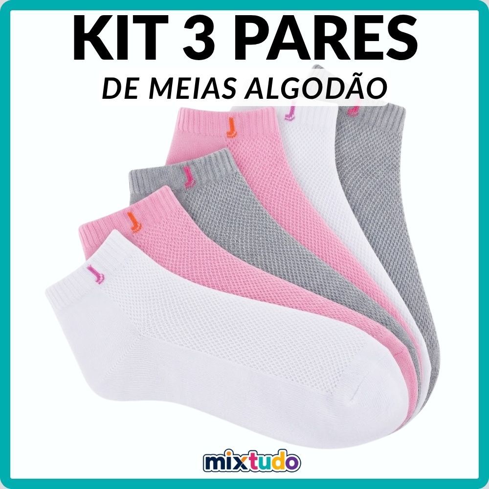 Kit 3 Pares Meias Esportivas Algodão Feminina Corrida e Treino