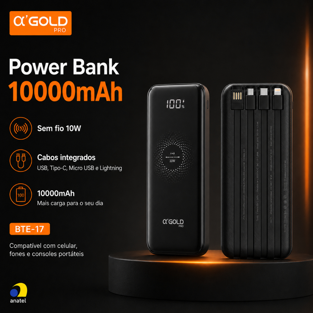Carregador Portátil Power Bank 10000mAh A'Gold Sem Fio 10W Cabos Integrados USB-C iPhone Android