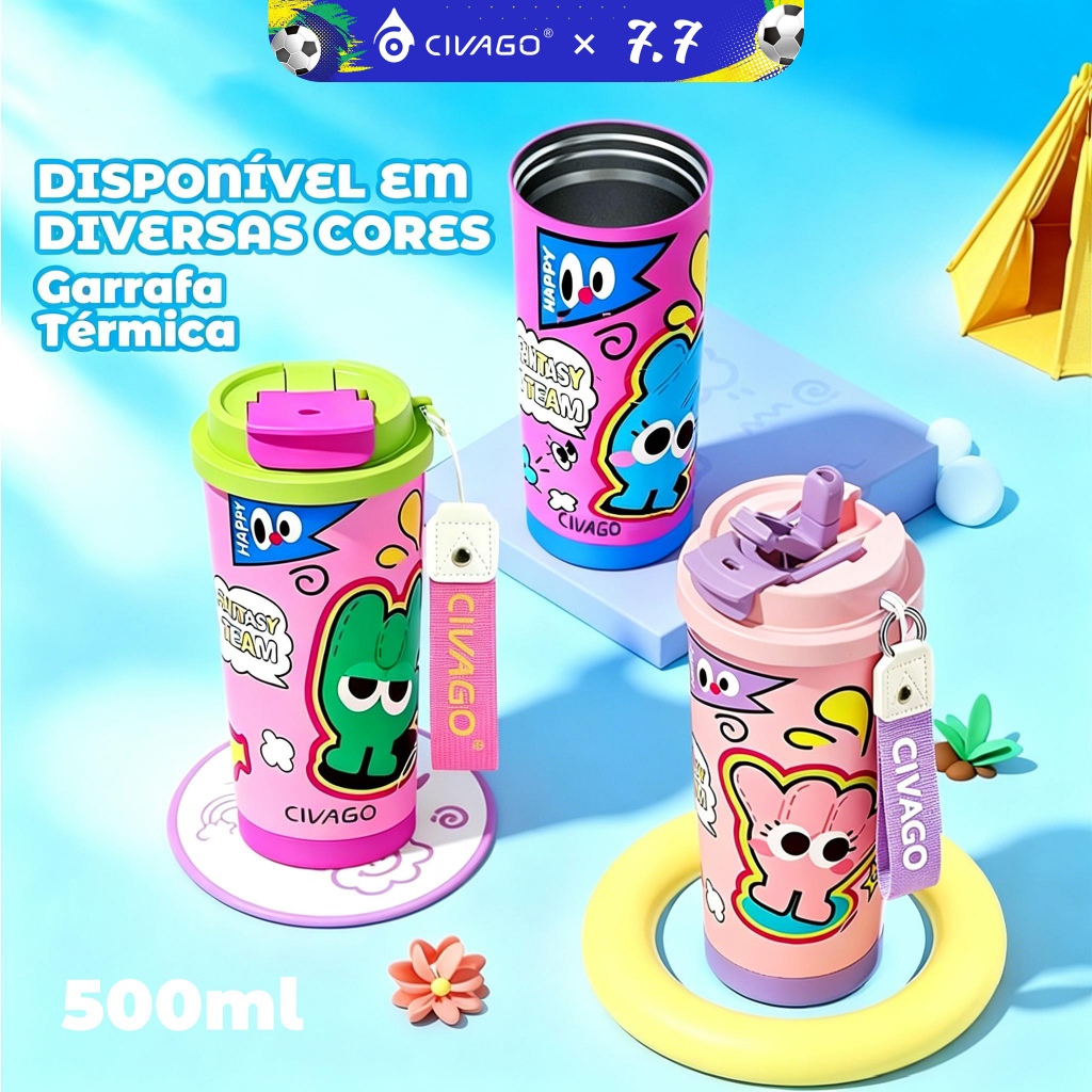 CIVAGO Copo Térmico 500ml Inox 316 Alça Tecido Estampa Fofa Tampa2em1 Antivazamento Canudo Quente/Frio BPA Free Infantil