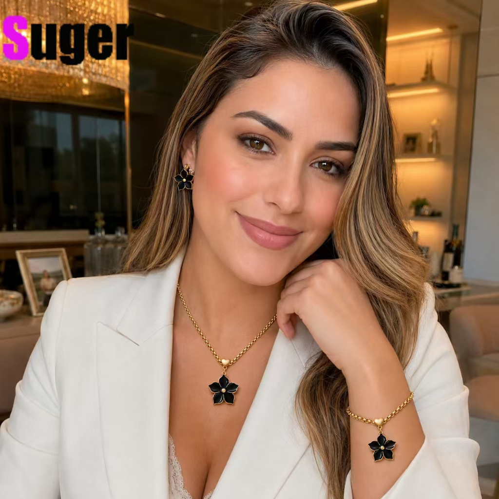 Kit acessórios flor negra dourado colar pulseira brincos para mulher presente dia das mães — imagem 2 de 2