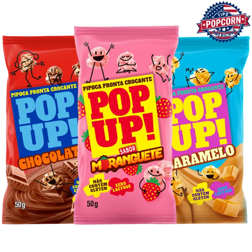 Kit 3x Pipocas Pronta Gourmet Pop Up Sabores Chocolate, Caramelo e Moranguete 50g Cada Bel