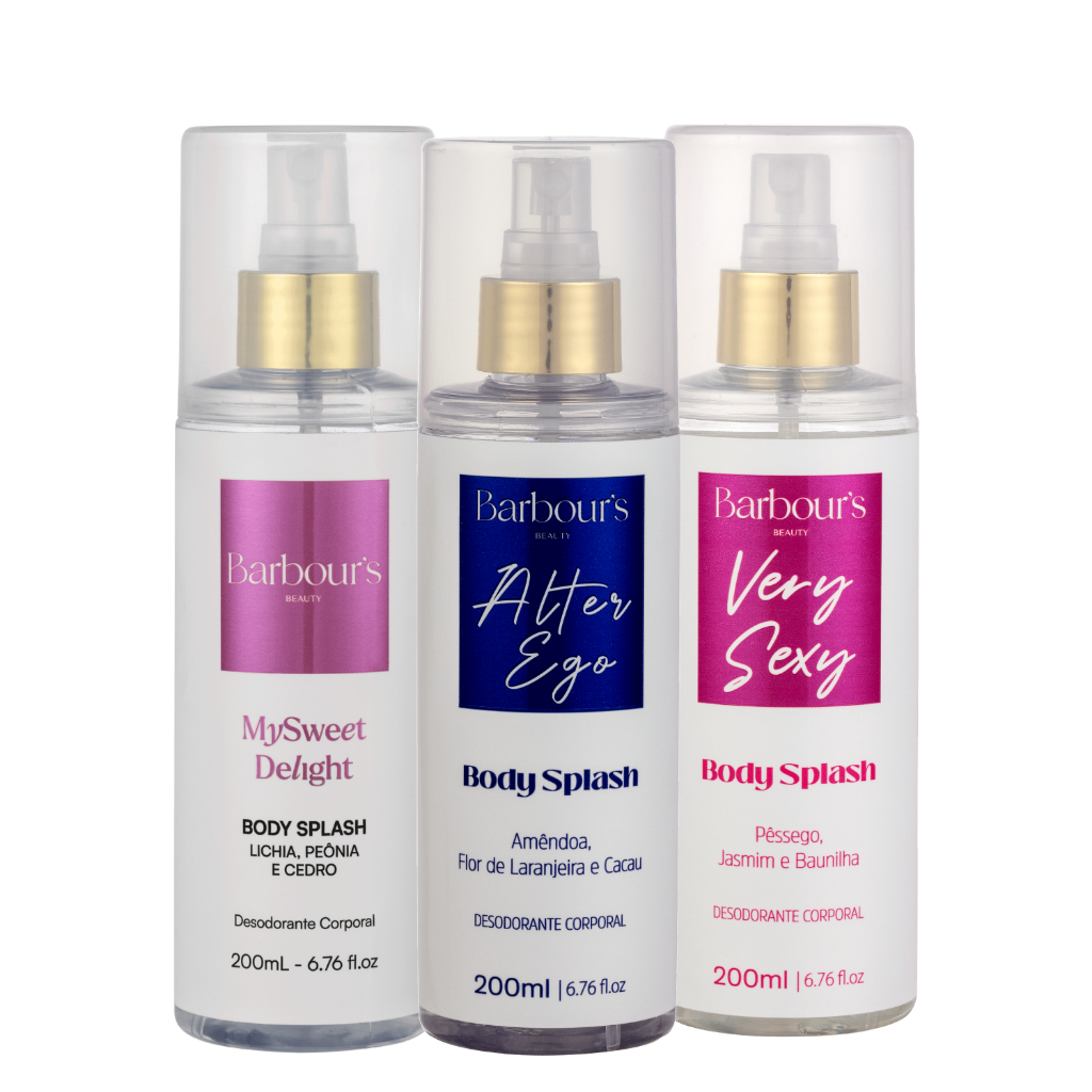 Três frascos de Body Splash da marca Barbours Beauty alinhados, sendo o primeiro My Sweet Delight com rótulo rosa, o segundo Alter Ego com rótulo azul e o terceiro Very Sexy com rótulo magenta, todos com tampa transparente e válvula dourada.