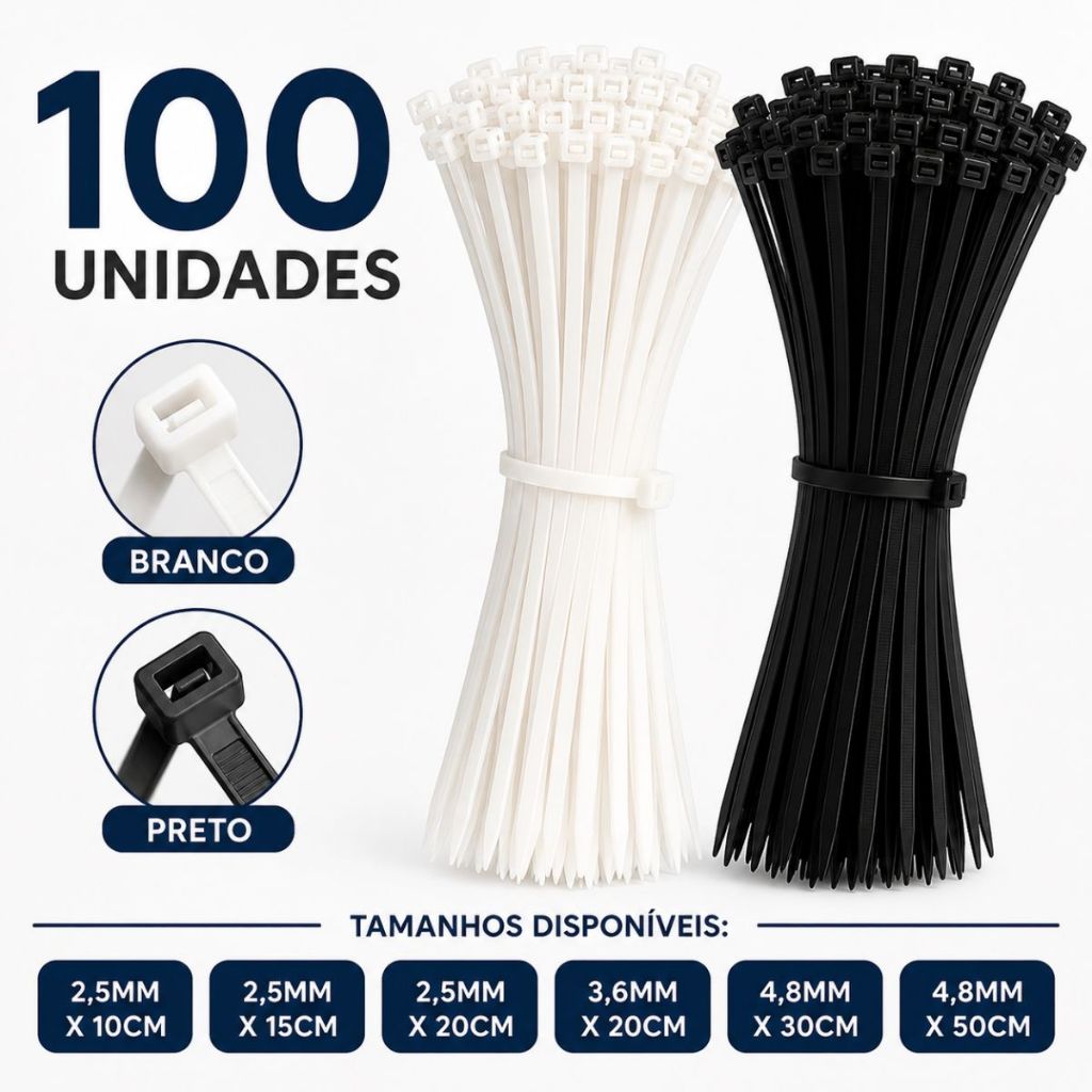 Abraçadeira Enforca Gato Kit 100 Unidades Nylon Branco Preto Cinta Plastica Presilha Resistente