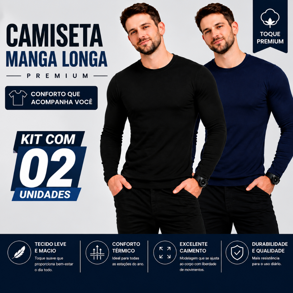 Kit 2 Camisetas Térmicas Masculinas Peluciadas Manga Longa Blusa Segunda Pele Proteção Frio Inverno