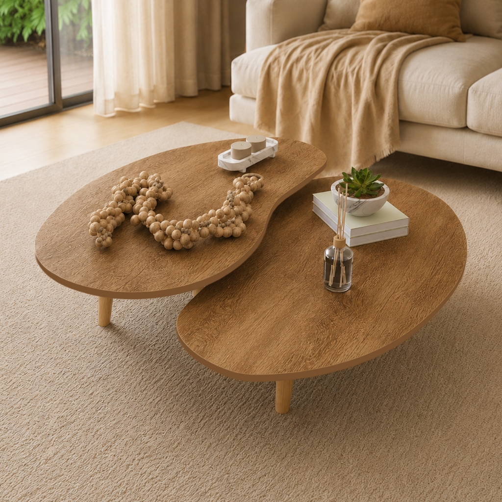 Mesa De Centro Orgânica Pés De Madeira Designer Orgânico Apoio Sala Auxiliar Sofa Kit 2 Unidades