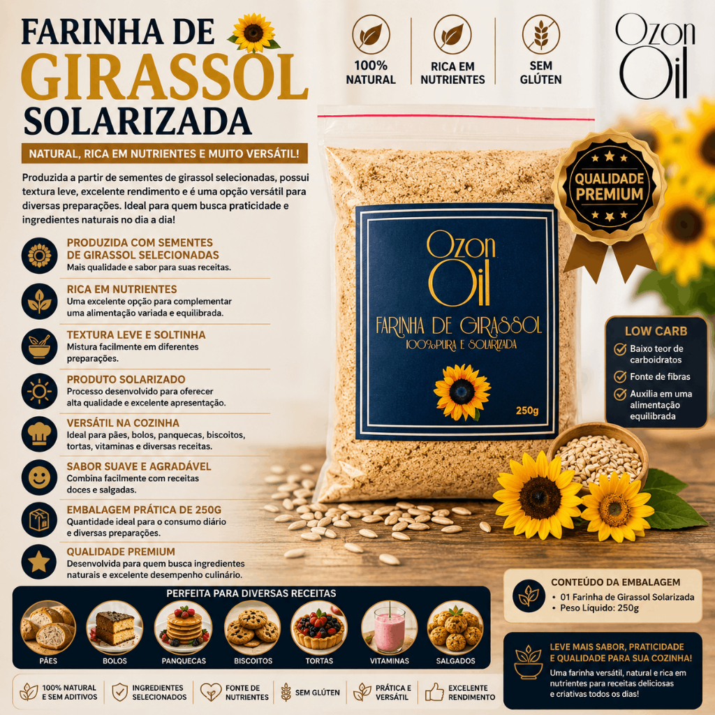 Farinha De Girassol Solarizada 250g Rica Em Nutrientes Natural Low Carb Sem Glúten Soltinha