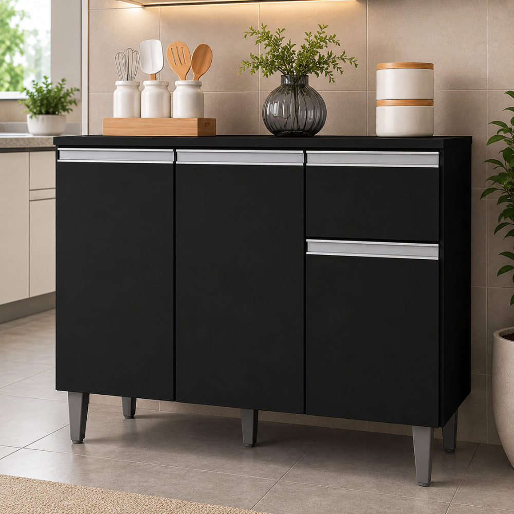 Balcão Organizador de Cozinha Vanessa 105cm Com Tampo Preto Compacto e Resistente - TrialMoveis
