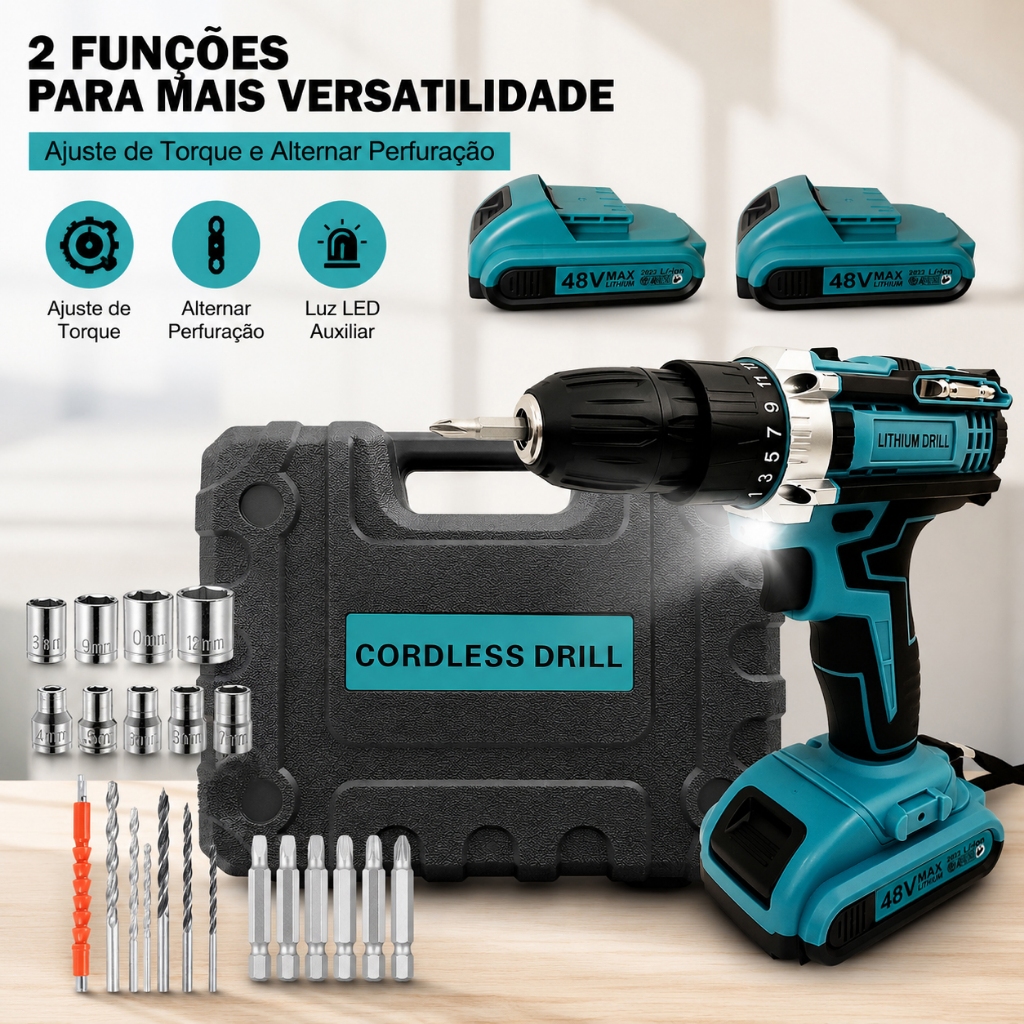 Parafusadeira Furadeira Sem Fio | 48V Duas Baterias | Versão com Maleta Portátil