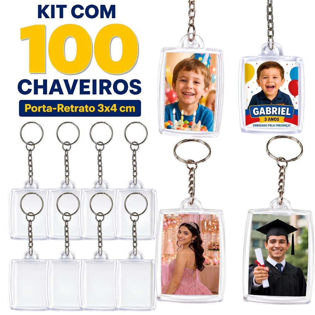 100 Chaveiros Porta Foto 3x4 Acrílico Lembrancinha Aniversário Infantil Festa 15 Anos Formatura - Atacado