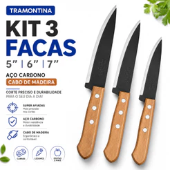 kit 3 Facas Tramontina Aço Carbono Cabo Madeira 5 6 7 Polegadas Cozinha