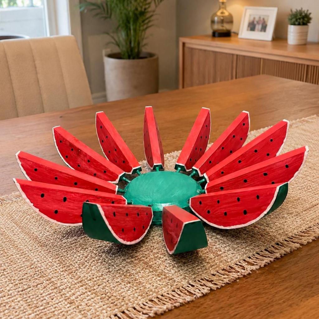 Fruteira Artesanal de Melancia Rústica Decorativa Madeira Organizador Cozinha de Mesa de Jantar Utilidade Vermelha