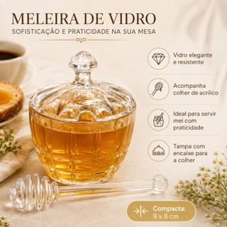 Meleira Açucareiro de Vidro Delicado com Colher de Acrílico Mesa Posta Cristal