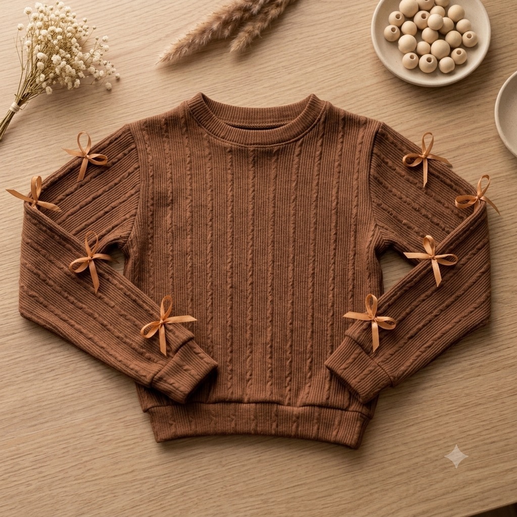 Blusa Infantil Menina Manga Longa Comprida Detalhe Lacinhos Roupa De Frio Inverno Suéter Canelado rugao