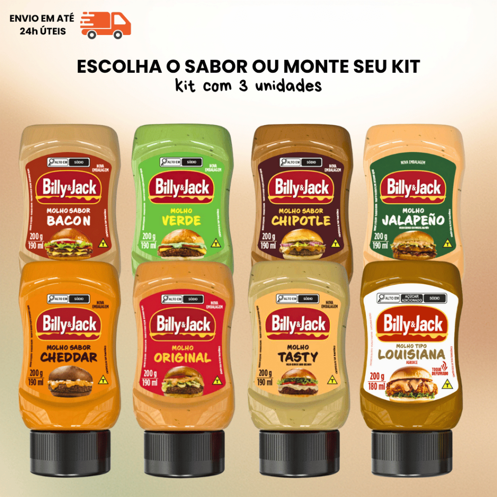 Molho Billy Jack Kit 3 Unidades 8 Sabores Cheddar Bacon Chipotle para Hambúrguer Batata Lanche Churrasco