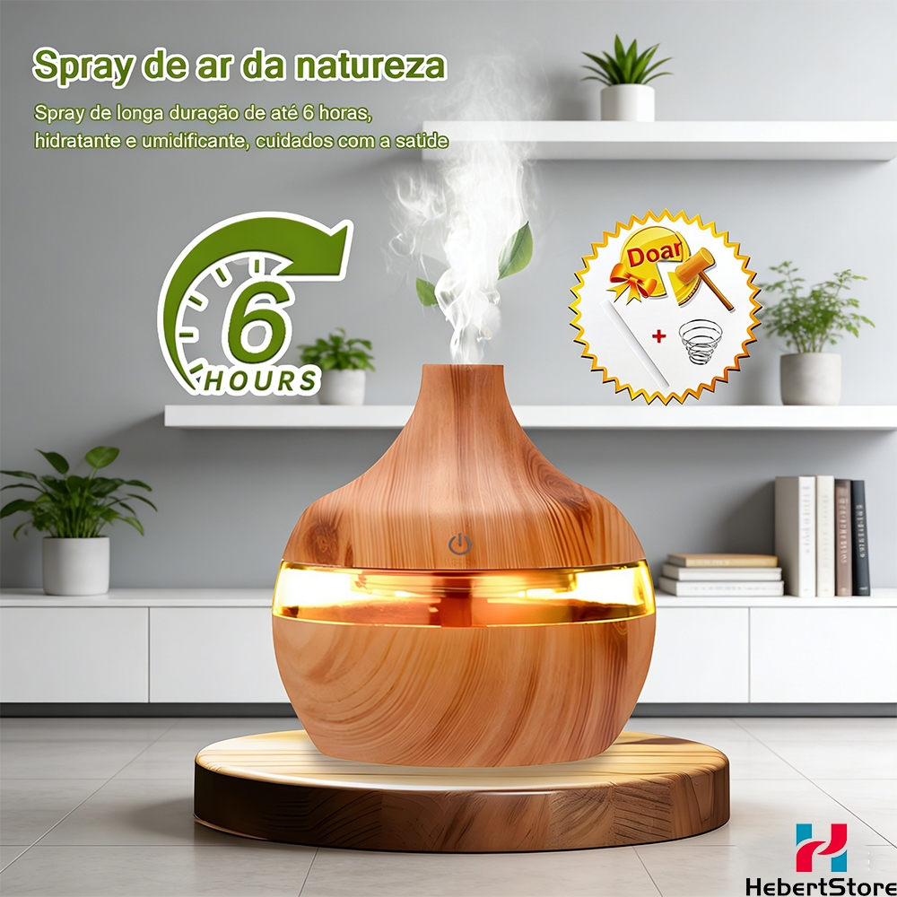 Umidificador De Ar E Aromatizador 8 Horas Madeira Com Led 4 Em 1 Multifuncional Para Quarto UM003