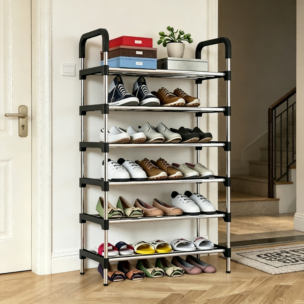 Organizador de sapatos de aço inoxidável com múltiplos andares para entrada, amplo espaço para calçados variados