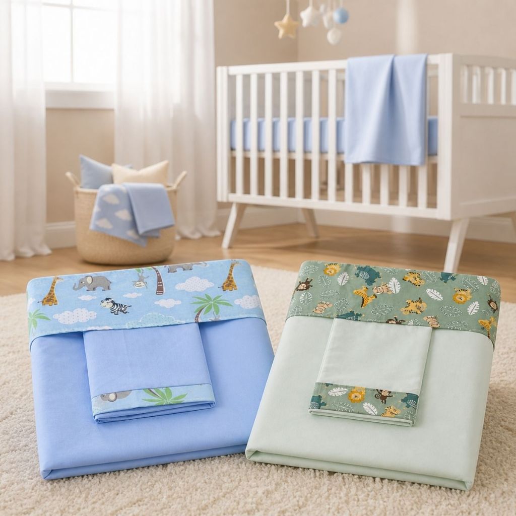 Kit 2 Jogo De Lençol Para Bebe Berço Americano Menina Menino Safari Cor Azul