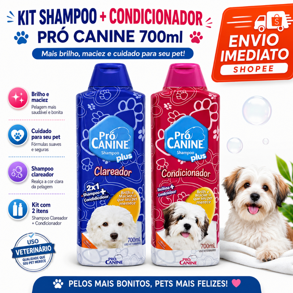 Kit Banho Completo Pró Canine Shampoo Clareador+Condicionador Desembaraçador 700ml Cachorro e Gato