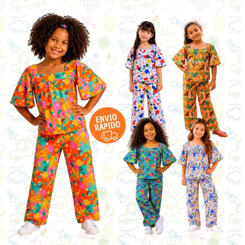 Conjunto Infantil Feminino Calça e Blusinha Manga Flare Estampado Moda Menina Confortável