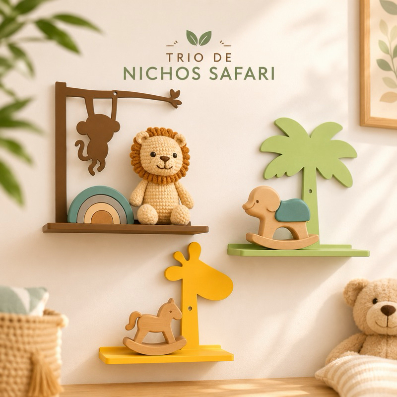 Trio de Nichos Safari MDF Decoração Quarto Bebê Prateleira Animais Selva Macaco