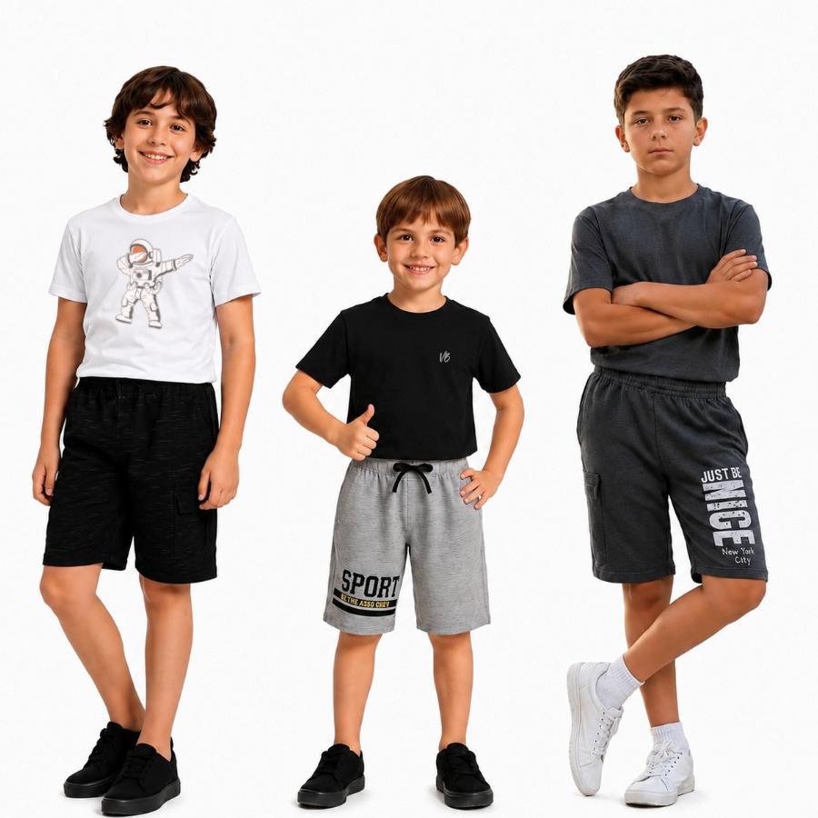 Kit 3 Bermudas Infantil e Juvenil Menino - Shorts Masculino Moletinho Verão