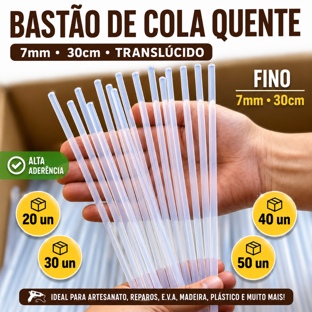Kit 20/30/40/50 Bastão Cola Quente Fino 7mm 30cm Translúcido Refil para Pistola Artesanato DIY