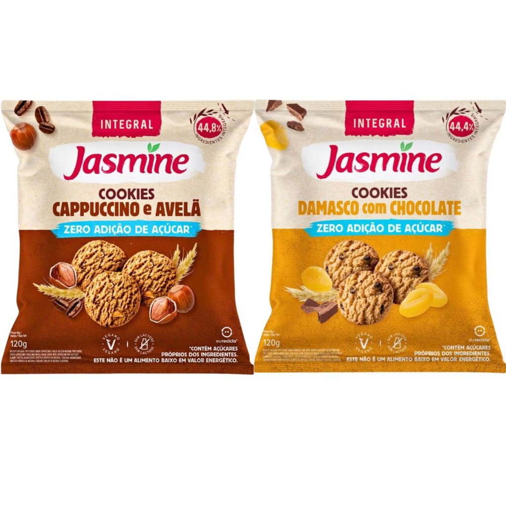 Kit Cookie Jasmine Cappuccino e Avelã + Damasco e Chocolate Zero Açúcar 120g