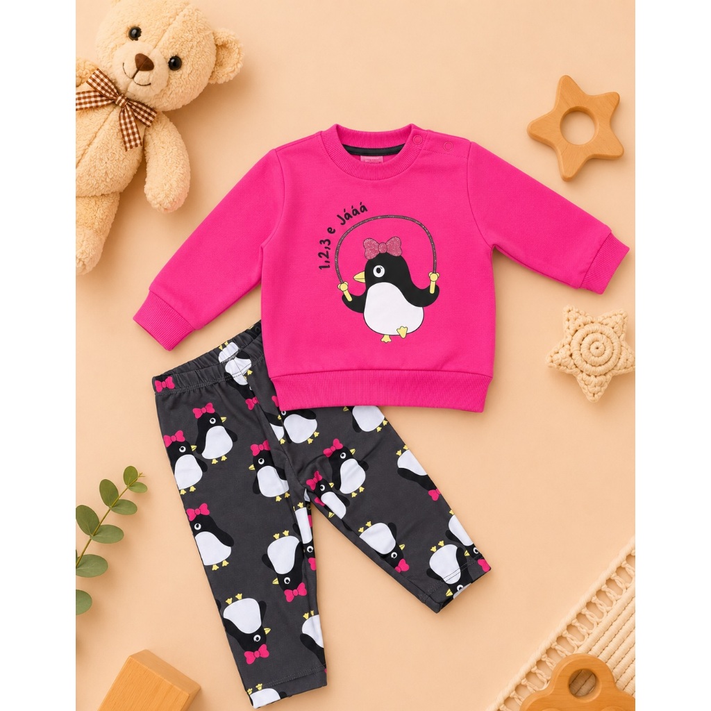 Conjunto Menina Blusa Moletom e Calça Legging Flanelada Estampa de Pinguim