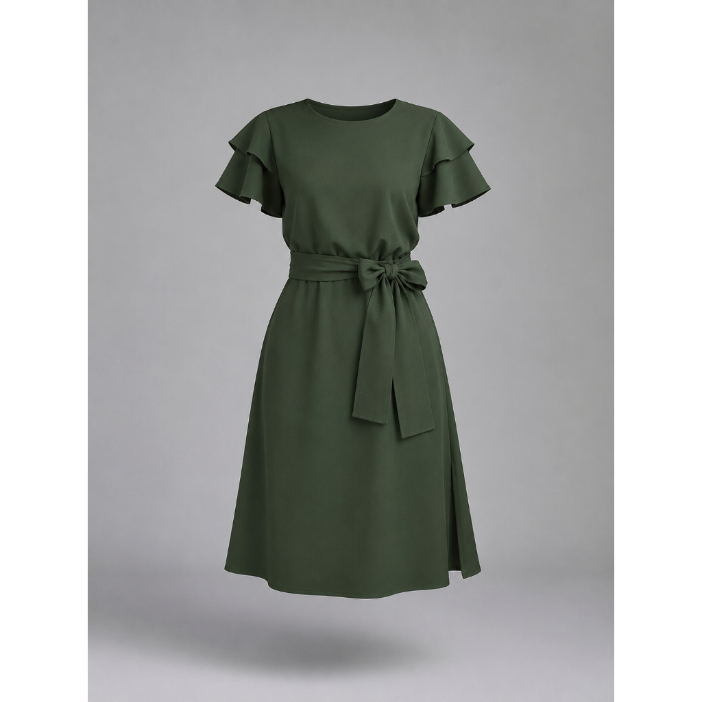 Vestido Feminino Elegante Trabalho Igreja Manga Babado Midi Acinturado Casual Com Faixa Confortável