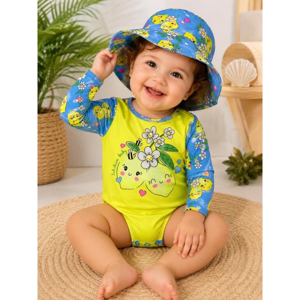 Maio Manga Longa Menina Com Proteção UV +Chapéu maio Próprio  Pra Piscina Com Estampa Floral