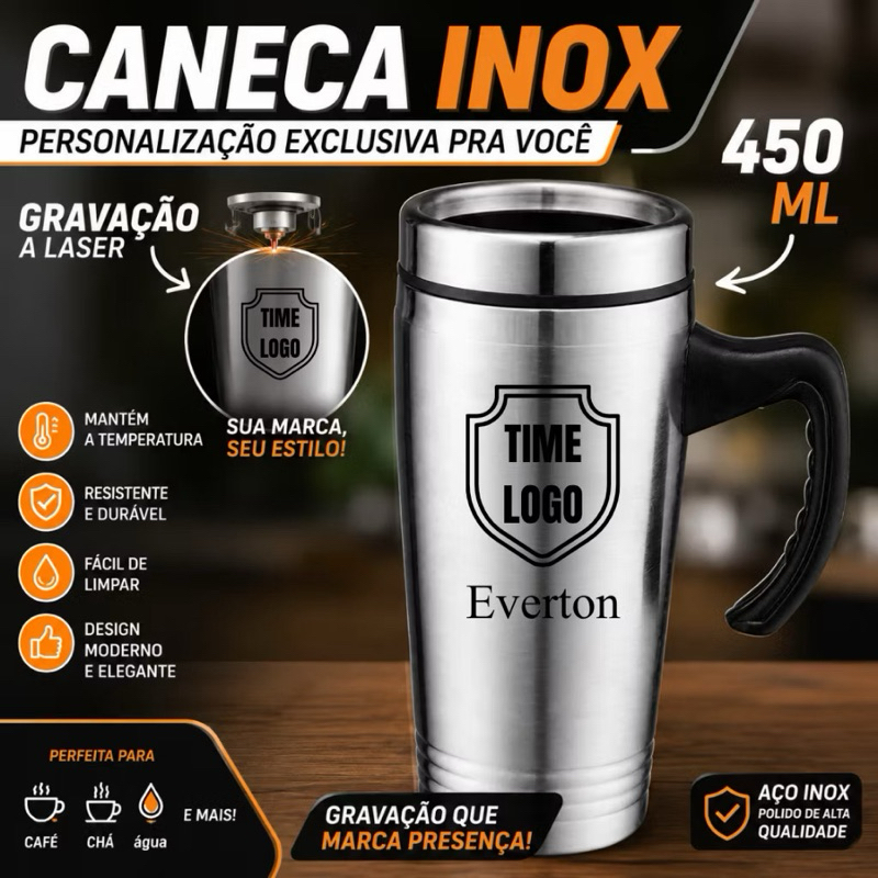 Caneca Copo Térmica Inox 450ml com Tampa e Alça Térmico Personalziada com nome ou logo