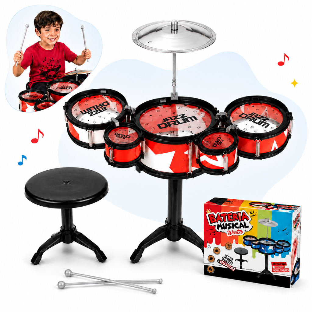 Mini Bateria Infantil Completa Com Banquinho Instrumento Tambor Brinquedo Menino Criança Kizumba