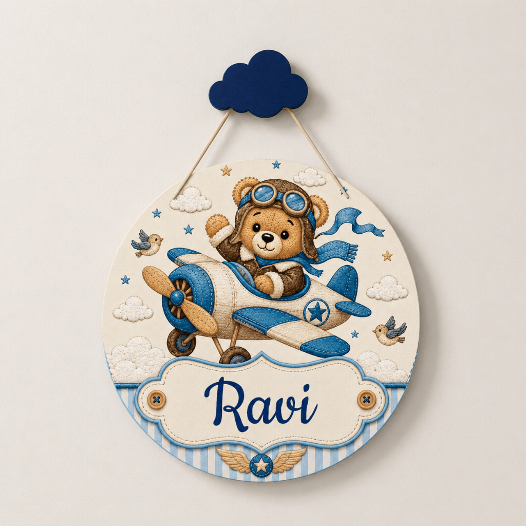 Porta Maternidade Ursinho Aviador Menino Nome Personalizado Decoração Infantil