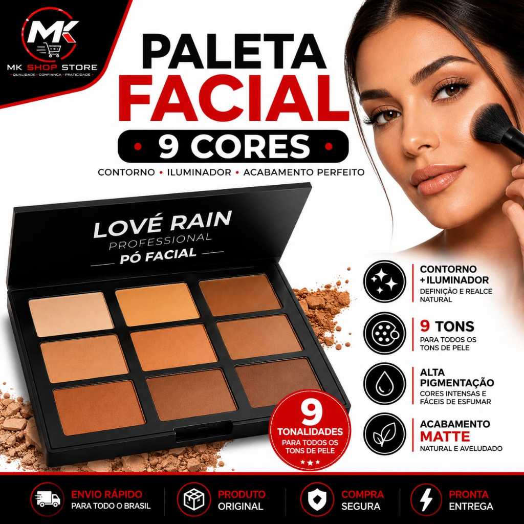Paleta Facial Love Rain 9 Cores Contorno Iluminador Corretivo Pó Compacto Alta Pigmentação Efeito Matte Profissional