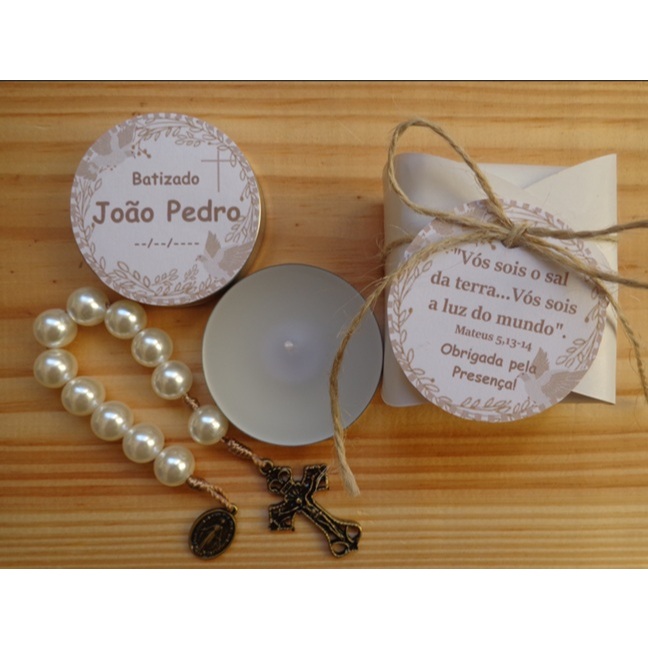 Kit de 10/15/20/30 Lembrancinha Batizado Comunhão Crisma Lembrança Eucaristia Batismo Vela Terço