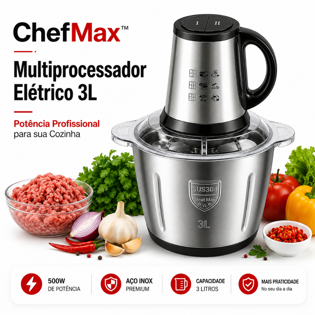 Multiprocessador Elétrico 3L Inox 500W 110v  Triturador de Carnes Legumes Alho Cebola Processador de Alimentos