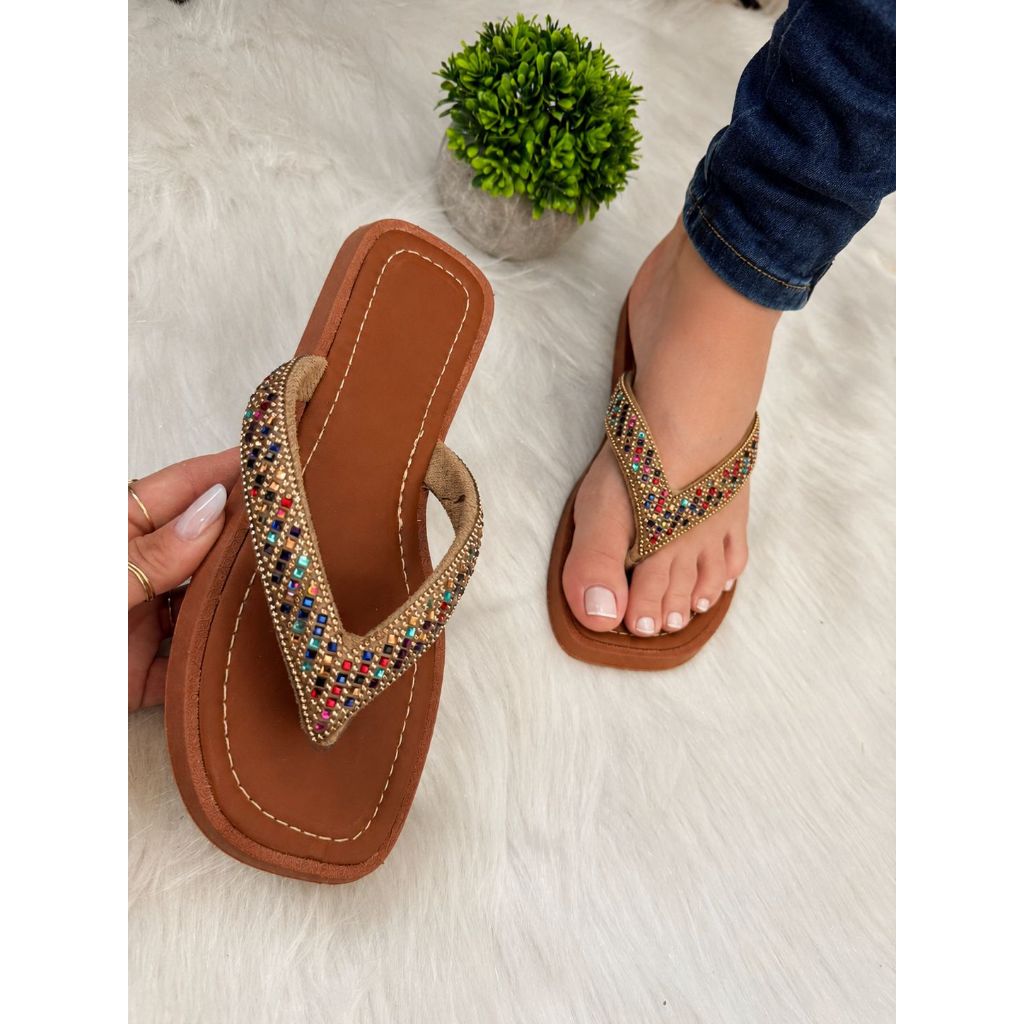 Sandalia feminina papete CABEDAL V PEDRARIA premium casual