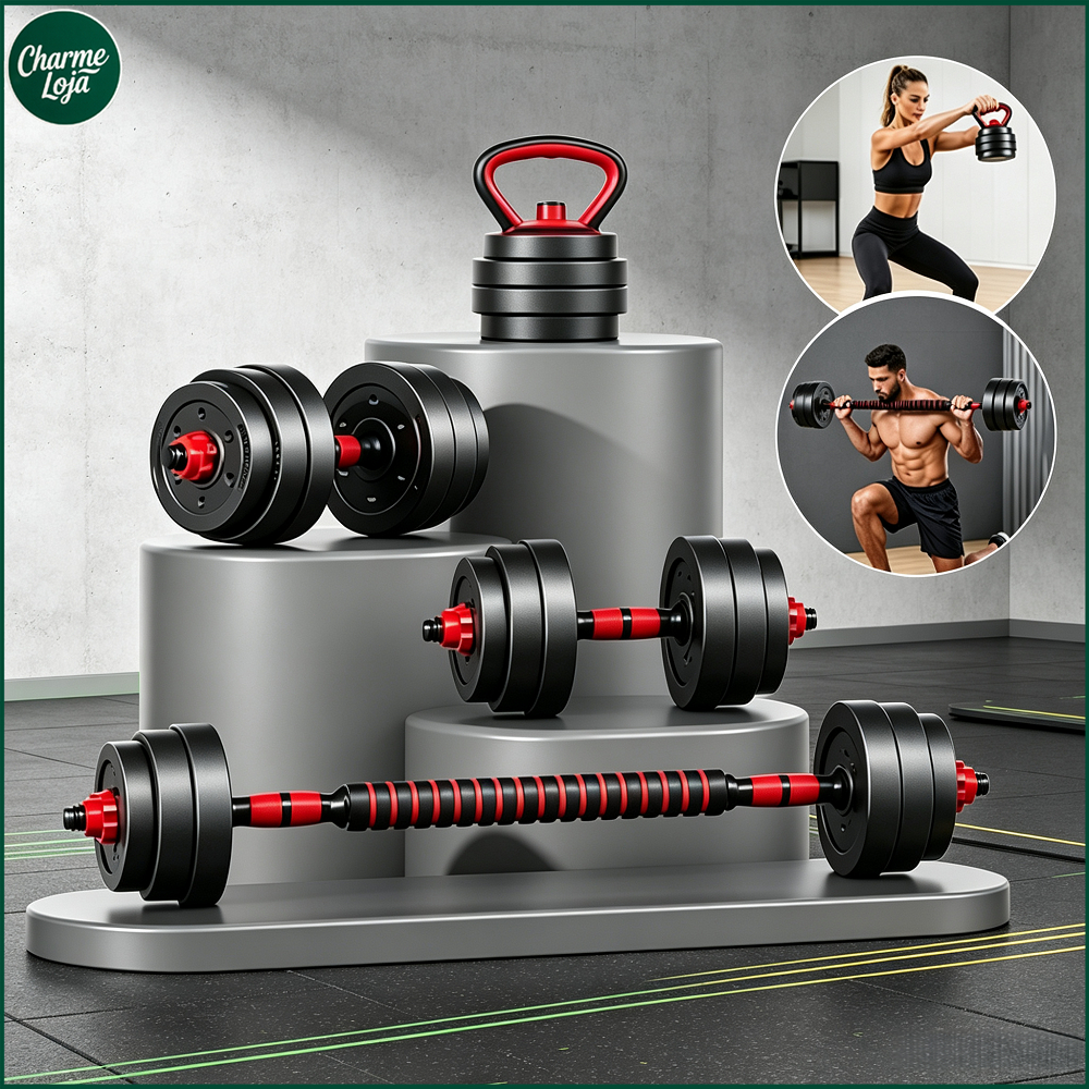 Kit Musculação Ajustável 10/15/20kg com Halteres Kettlebell Barra e Anilhas para Treino em Casa