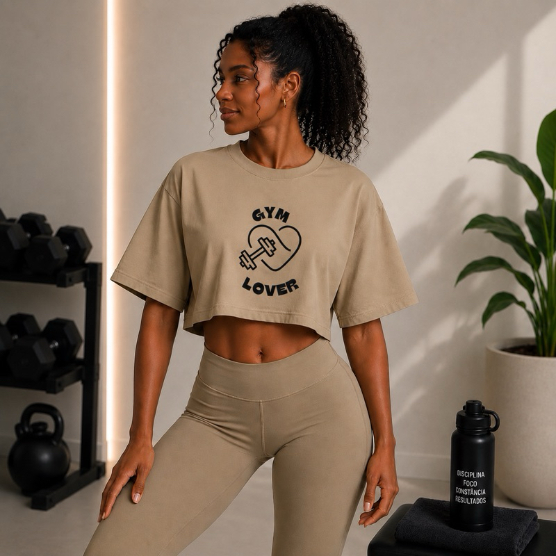 Camiseta Cropped Oversized Femenino Treino 100% Algodão Estampada Outfit Fitnes Casual Confortável Oferta Envio Rápido