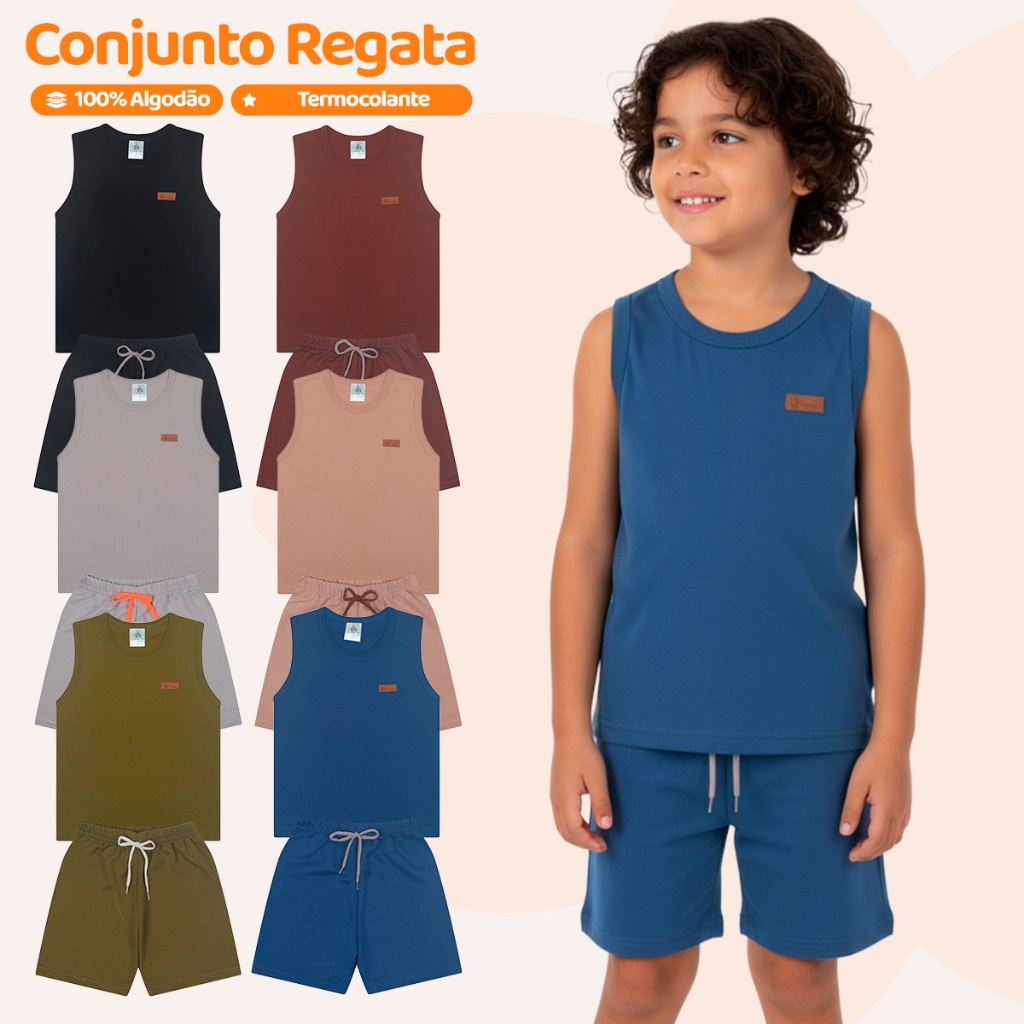 Kit 3 Conjuntos Regatas Monocromático Infantil Menino Básica Lisa Camiseta Mascu