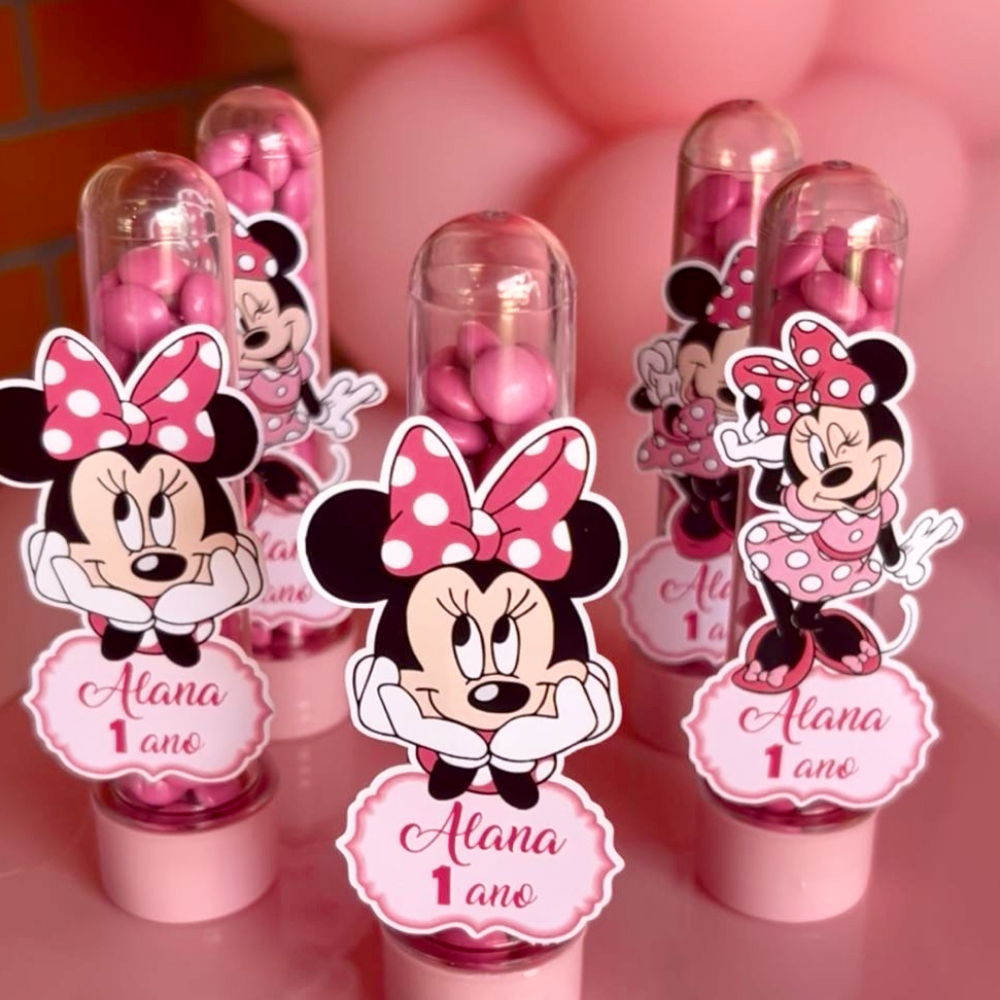 Aplique para Tubete Minnie rosa personalizado | Tag para lembrancinha | Nome e idade | Festa Infantil