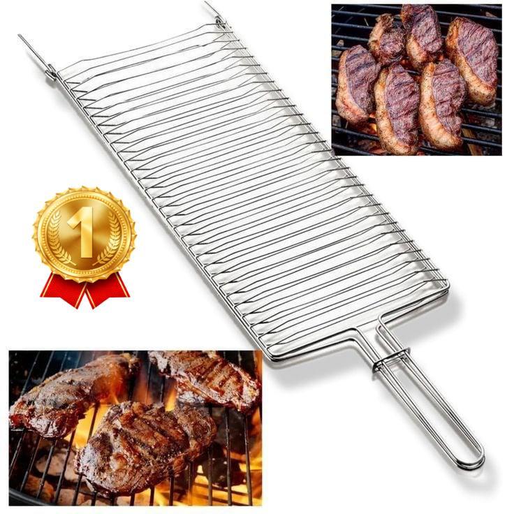 Grelha Dupla Folha Abaulada Pequena Premium 53 x 16 churrasco Peixe Frango Linguiça Aço Abre e Fecha