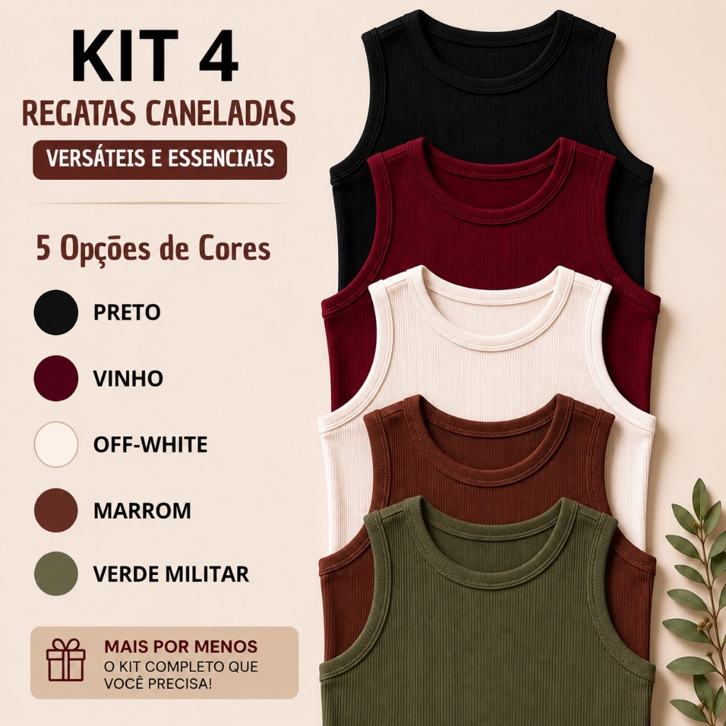 Kit 4 Regatas Femininas Caneladas Premium Ribana Não Transparente Blusa Básica Casual Com Elastano