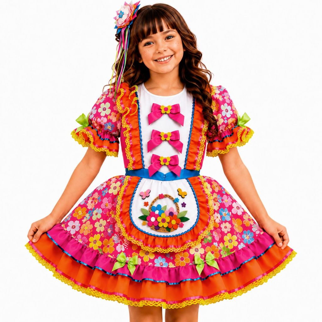 Vestido Infantil Festa Junina Luxo Floral Rodado Roupa Caipira pra Menina Com Mini Chapeu de Palha