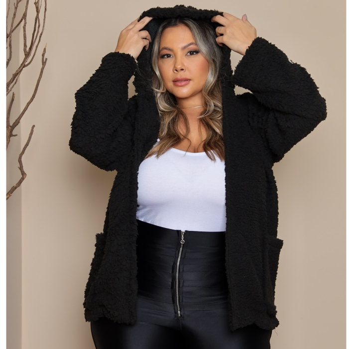 Casaco Sobretudo Teddy Com Capuz Moda Inverno Moda Grande Pelinho