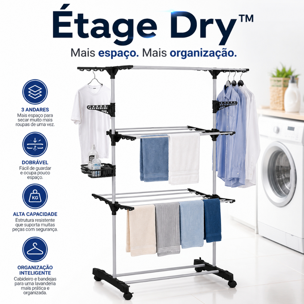 Varal Multiuso de Chão Dobrável 3 Andares Organizador de Roupas com Cabideiro Preto